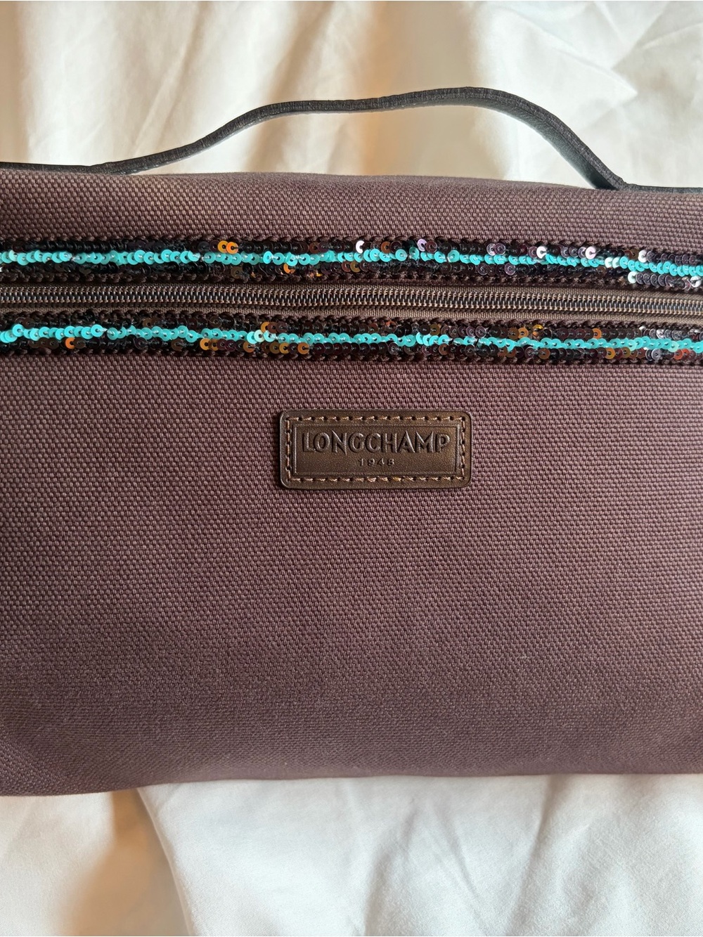 Longchamp Brown Cosmetic Pouch with Teal Sequin Trim